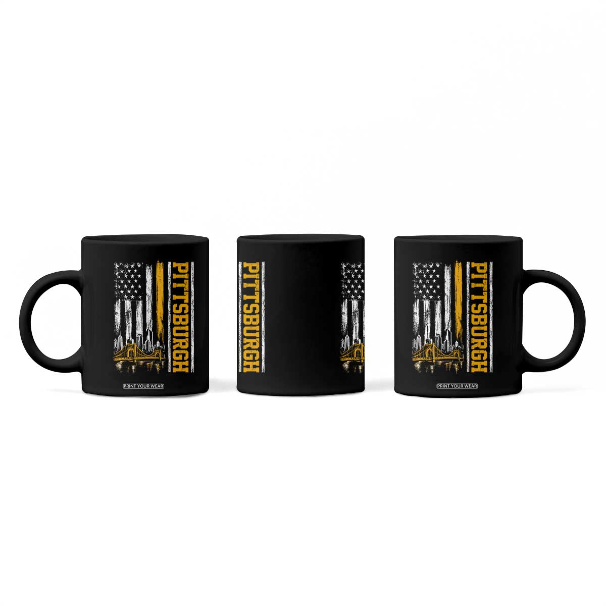 Pittsburgh City Skyline Roberto Clemente Bridge Graphic Coffee Mug American Flag Yellow Bridge City Hometown Pride