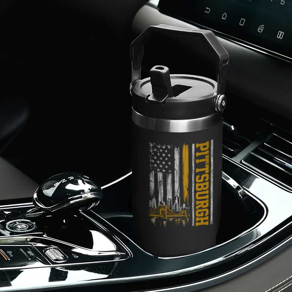 Pittsburgh City Skyline Roberto Clemente Bridge Graphic Flip Straw Tumbler American Flag Yellow Bridge City Hometown Pride
