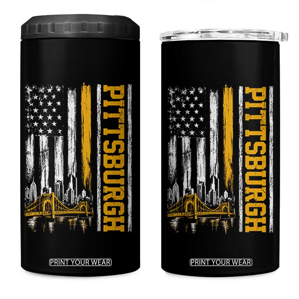 Pittsburgh City Skyline Roberto Clemente Bridge Graphic 4 in 1 Can Cooler Tumbler American Flag Yellow Bridge City Hometown Pride