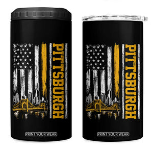 Pittsburgh City Skyline Roberto Clemente Bridge Graphic 4 in 1 Can Cooler Tumbler American Flag Yellow Bridge City Hometown Pride