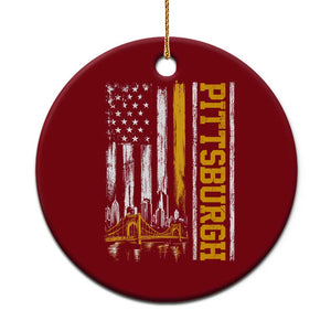 Pittsburgh City Skyline Roberto Clemente Bridge Graphic Ceramic Ornament American Flag Yellow Bridge City Hometown Pride