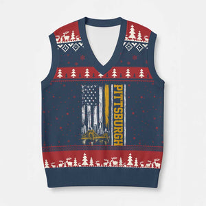 Pittsburgh City Skyline Roberto Clemente Bridge Graphic V-Neck Knit Sweater Vest American Flag Yellow Bridge City Hometown Pride