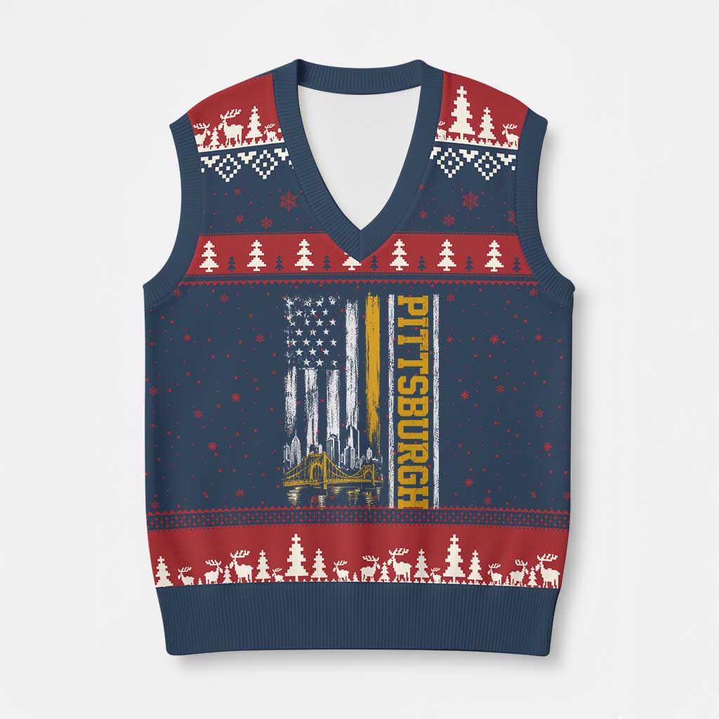 Pittsburgh City Skyline Roberto Clemente Bridge Graphic V-Neck Knit Sweater Vest American Flag Yellow Bridge City Hometown Pride TS02 Navy Red Print Your Wear