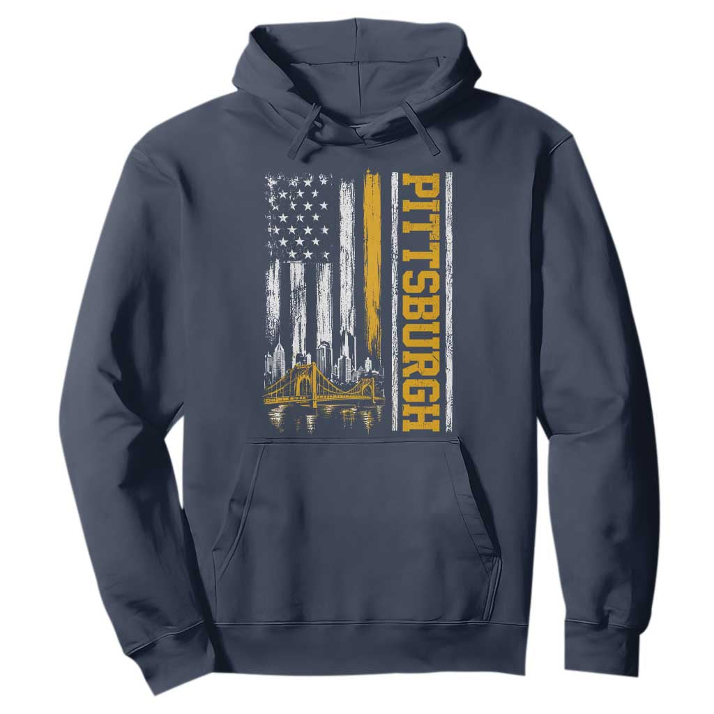 Pittsburgh City Skyline Roberto Clemente Bridge Graphic Hoodie American Flag Yellow Bridge City Hometown Pride