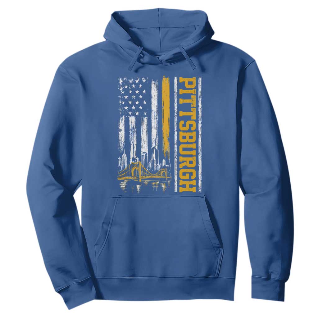 Pittsburgh City Skyline Roberto Clemente Bridge Graphic Hoodie American Flag Yellow Bridge City Hometown Pride