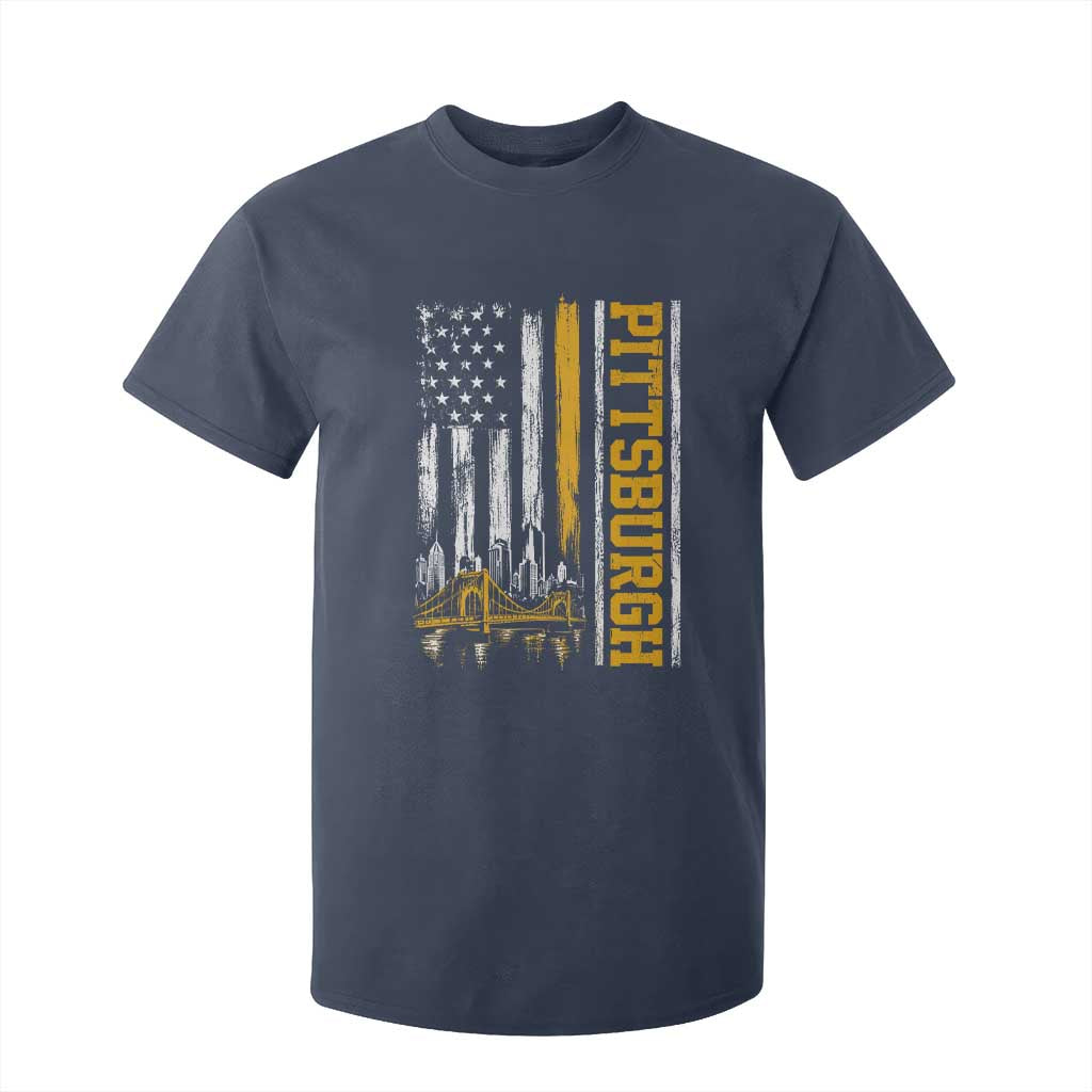 Pittsburgh City Skyline Roberto Clemente Bridge Graphic T Shirt For Kid American Flag Yellow Bridge City Hometown Pride