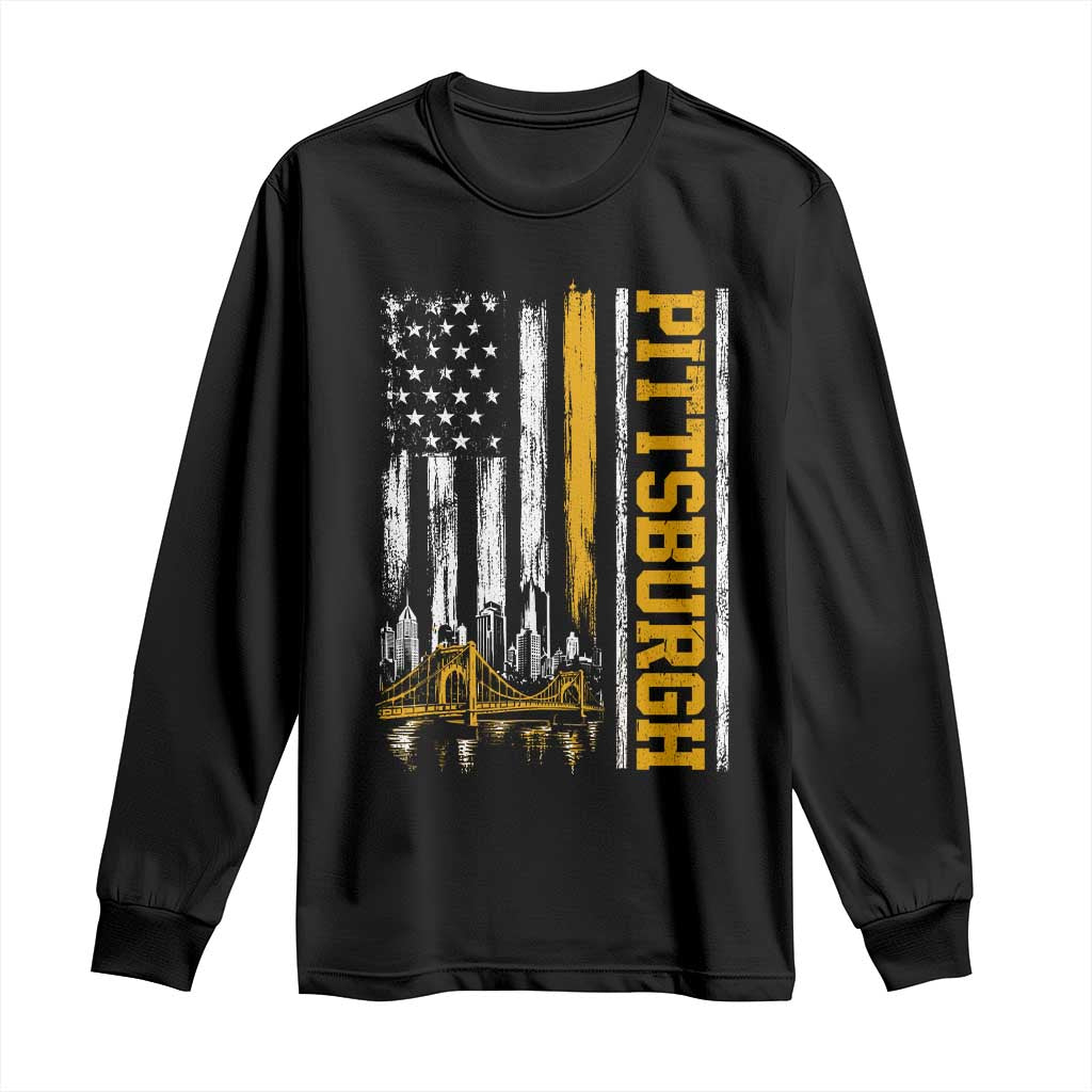 Pittsburgh City Skyline Roberto Clemente Bridge Graphic Long Sleeve Shirt American Flag Yellow Bridge City Hometown Pride TS02 Black Print Your Wear