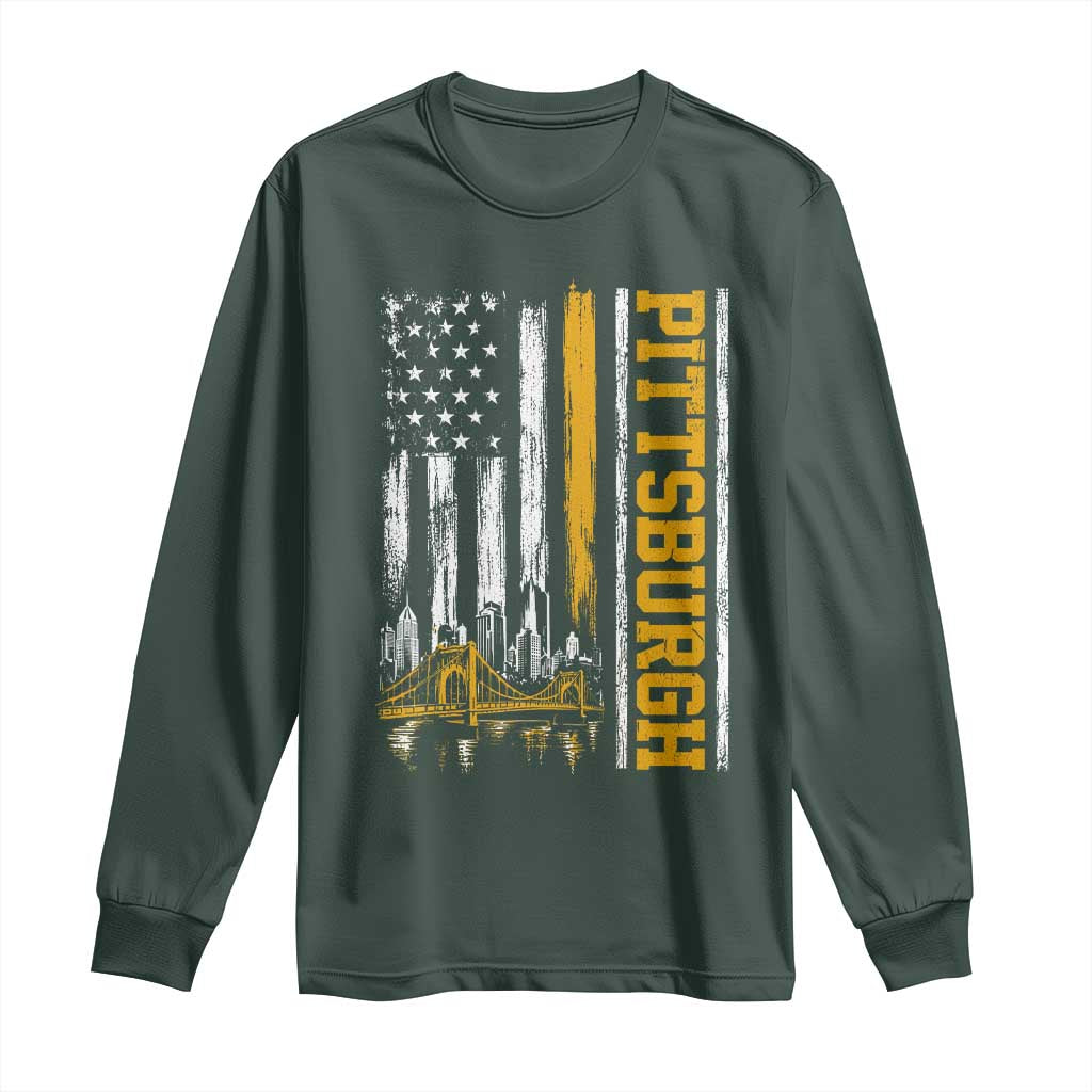 Pittsburgh City Skyline Roberto Clemente Bridge Graphic Long Sleeve Shirt American Flag Yellow Bridge City Hometown Pride