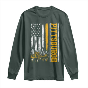 Pittsburgh City Skyline Roberto Clemente Bridge Graphic Long Sleeve Shirt American Flag Yellow Bridge City Hometown Pride