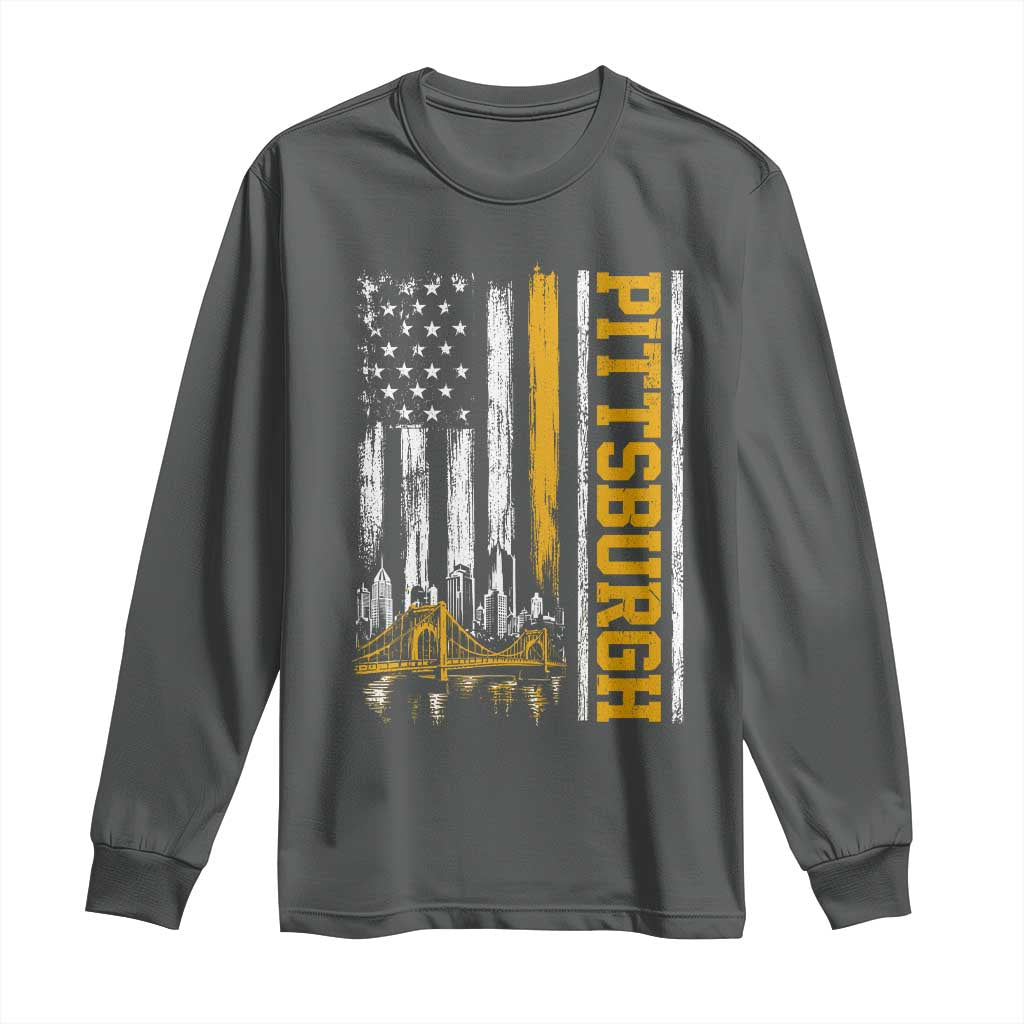 Pittsburgh City Skyline Roberto Clemente Bridge Graphic Long Sleeve Shirt American Flag Yellow Bridge City Hometown Pride