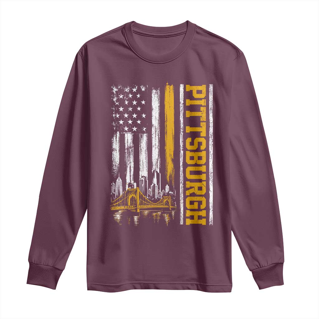 Pittsburgh City Skyline Roberto Clemente Bridge Graphic Long Sleeve Shirt American Flag Yellow Bridge City Hometown Pride