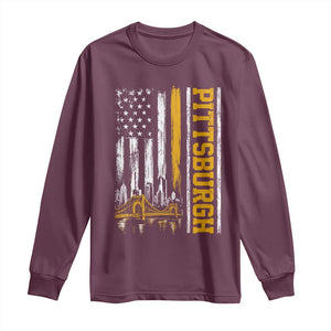 Pittsburgh City Skyline Roberto Clemente Bridge Graphic Long Sleeve Shirt American Flag Yellow Bridge City Hometown Pride