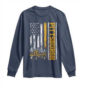 Pittsburgh City Skyline Roberto Clemente Bridge Graphic Long Sleeve Shirt American Flag Yellow Bridge City Hometown Pride