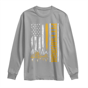 Pittsburgh City Skyline Roberto Clemente Bridge Graphic Long Sleeve Shirt American Flag Yellow Bridge City Hometown Pride