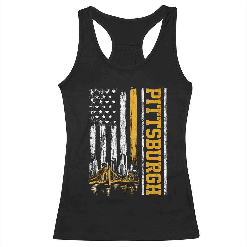 Pittsburgh City Skyline Roberto Clemente Bridge Graphic Racerback Tank Top American Flag Yellow Bridge City Hometown Pride TS02 Black Print Your Wear