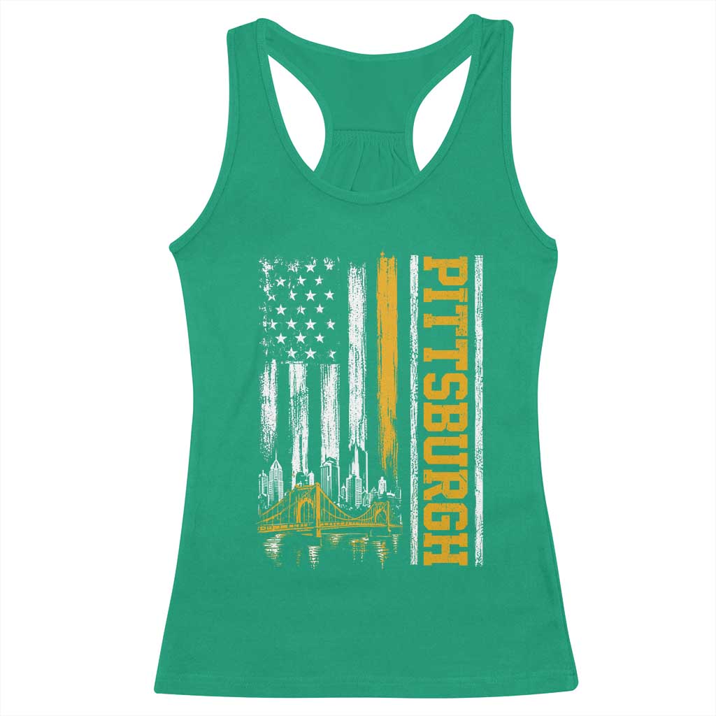 Pittsburgh City Skyline Roberto Clemente Bridge Graphic Racerback Tank Top American Flag Yellow Bridge City Hometown Pride