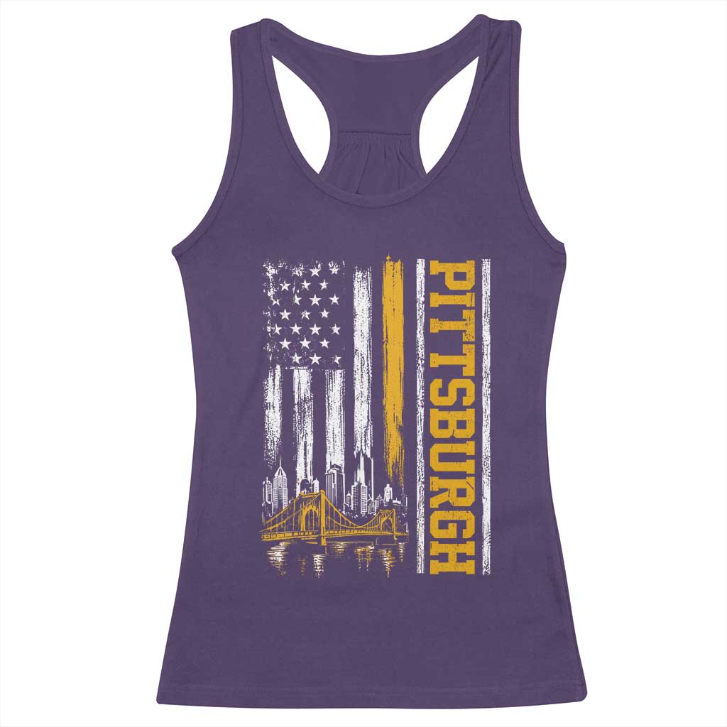 Pittsburgh City Skyline Roberto Clemente Bridge Graphic Racerback Tank Top American Flag Yellow Bridge City Hometown Pride