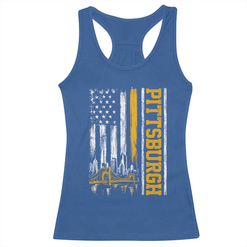 Pittsburgh City Skyline Roberto Clemente Bridge Graphic Racerback Tank Top American Flag Yellow Bridge City Hometown Pride
