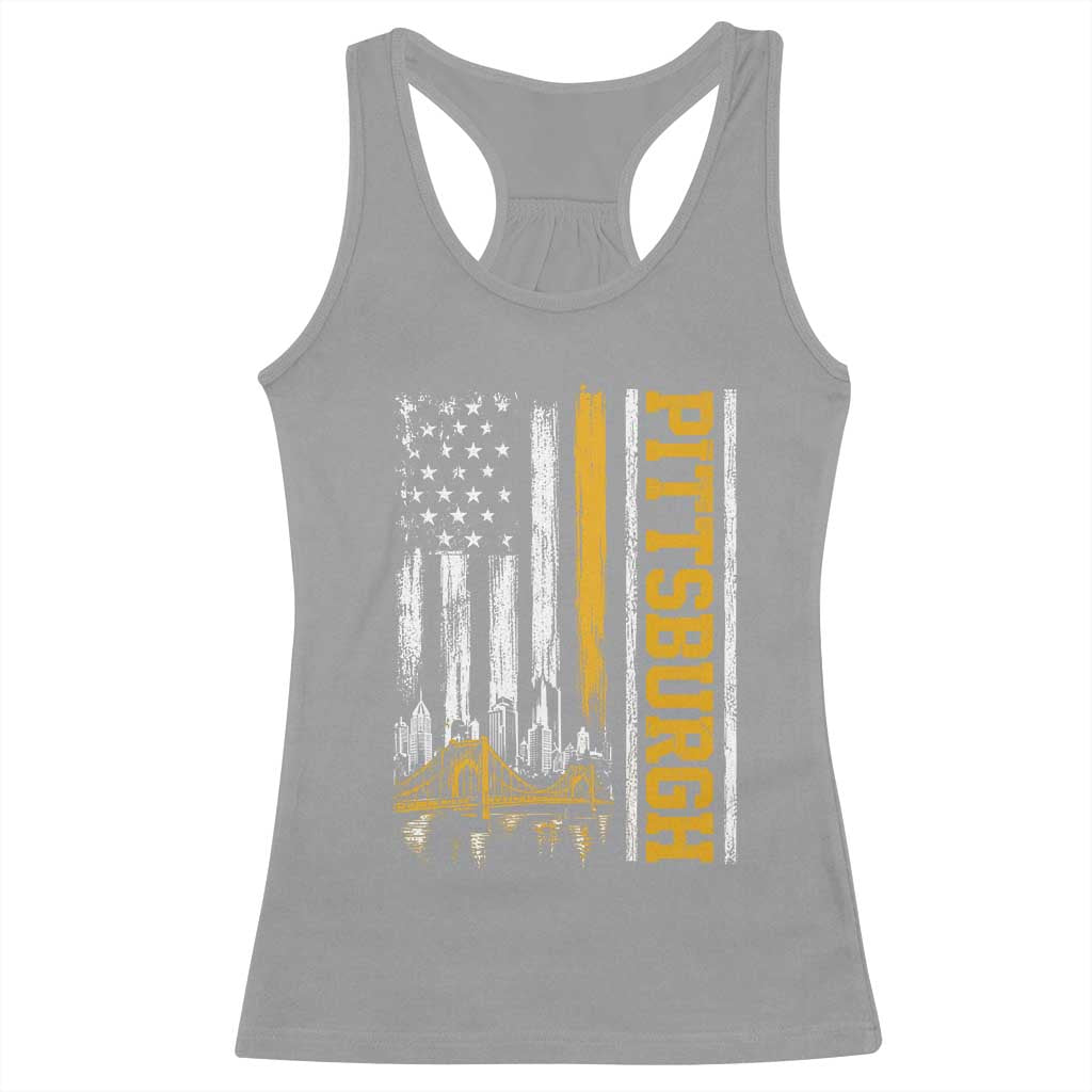 Pittsburgh City Skyline Roberto Clemente Bridge Graphic Racerback Tank Top American Flag Yellow Bridge City Hometown Pride