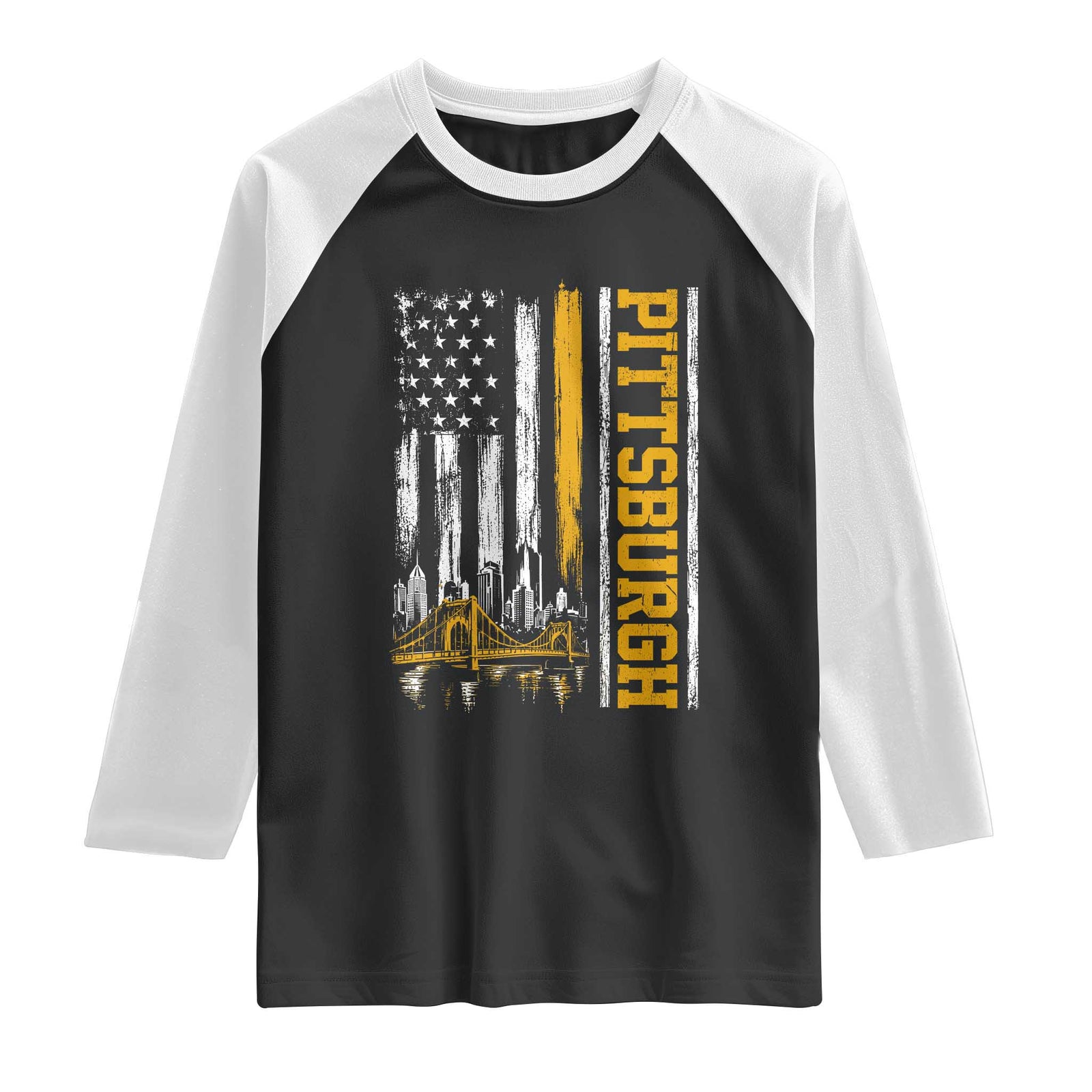 Pittsburgh City Skyline Roberto Clemente Bridge Graphic Raglan Shirt American Flag Yellow Bridge City Hometown Pride TS02 Black White Print Your Wear