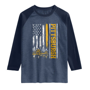 Pittsburgh City Skyline Roberto Clemente Bridge Graphic Raglan Shirt American Flag Yellow Bridge City Hometown Pride