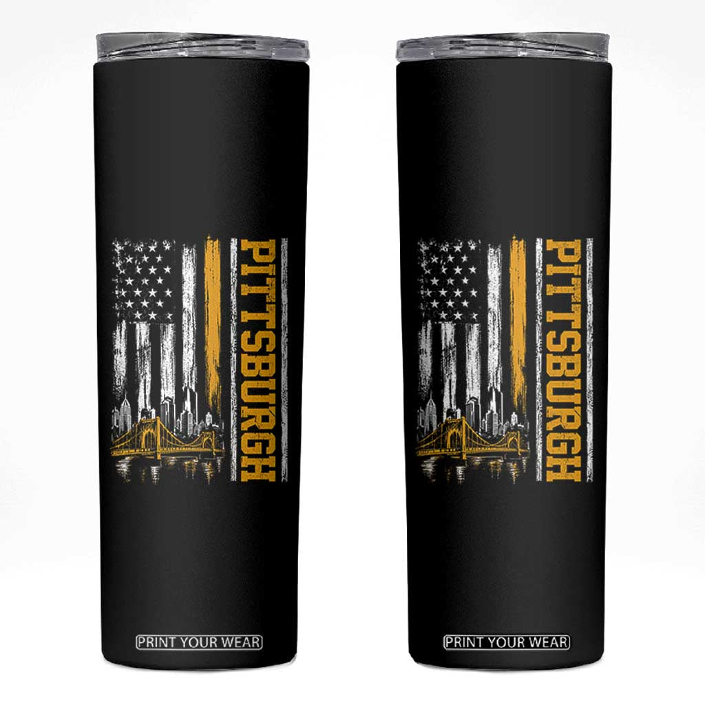 Pittsburgh City Skyline Roberto Clemente Bridge Graphic Skinny Tumbler American Flag Yellow Bridge City Hometown Pride TS02 Black Print Your Wear