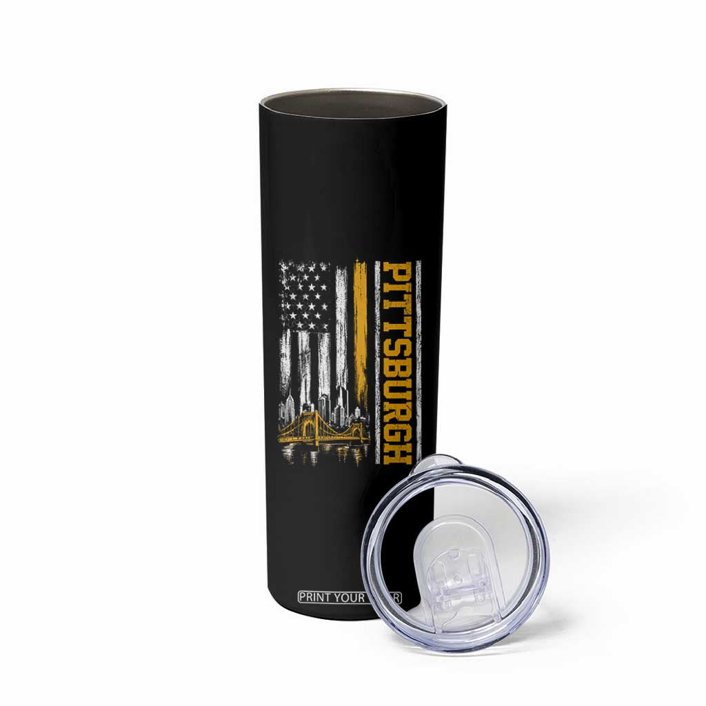 Pittsburgh City Skyline Roberto Clemente Bridge Graphic Skinny Tumbler American Flag Yellow Bridge City Hometown Pride