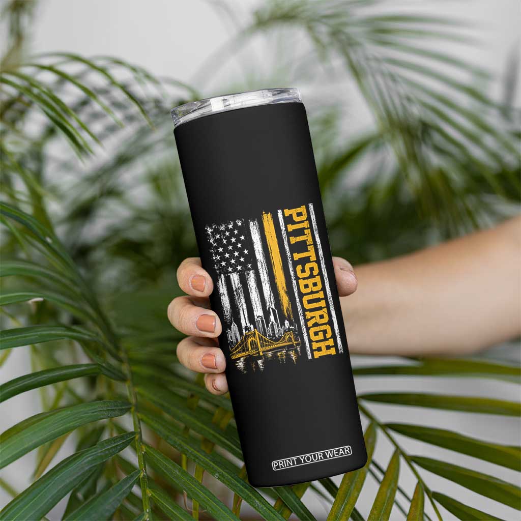 Pittsburgh City Skyline Roberto Clemente Bridge Graphic Skinny Tumbler American Flag Yellow Bridge City Hometown Pride