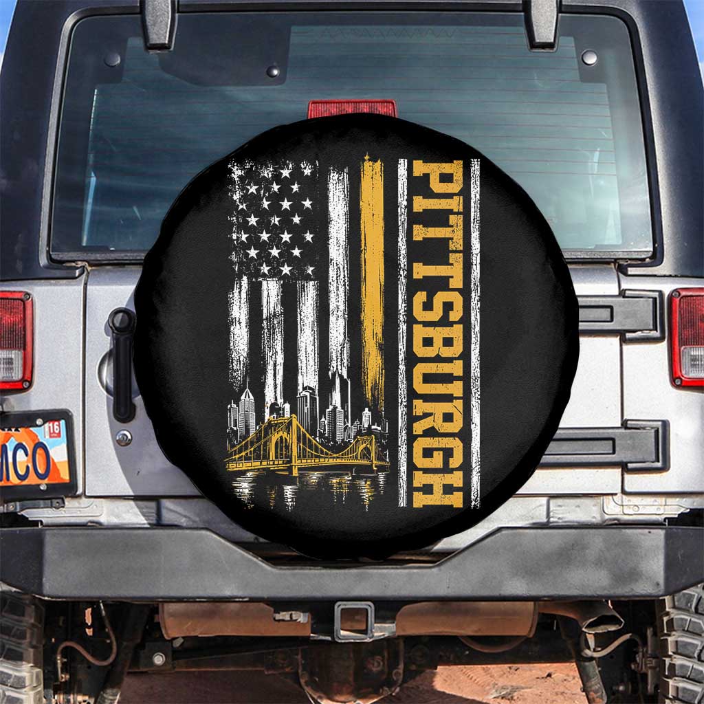 Pittsburgh City Skyline Roberto Clemente Bridge Graphic Spare Tire Cover American Flag Yellow Bridge City Hometown Pride