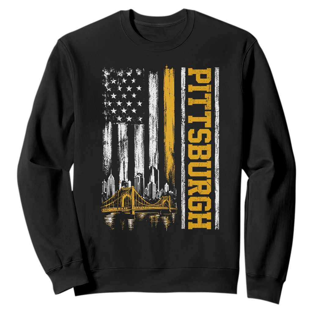 Pittsburgh City Skyline Roberto Clemente Bridge Graphic Sweatshirt American Flag Yellow Bridge City Hometown Pride