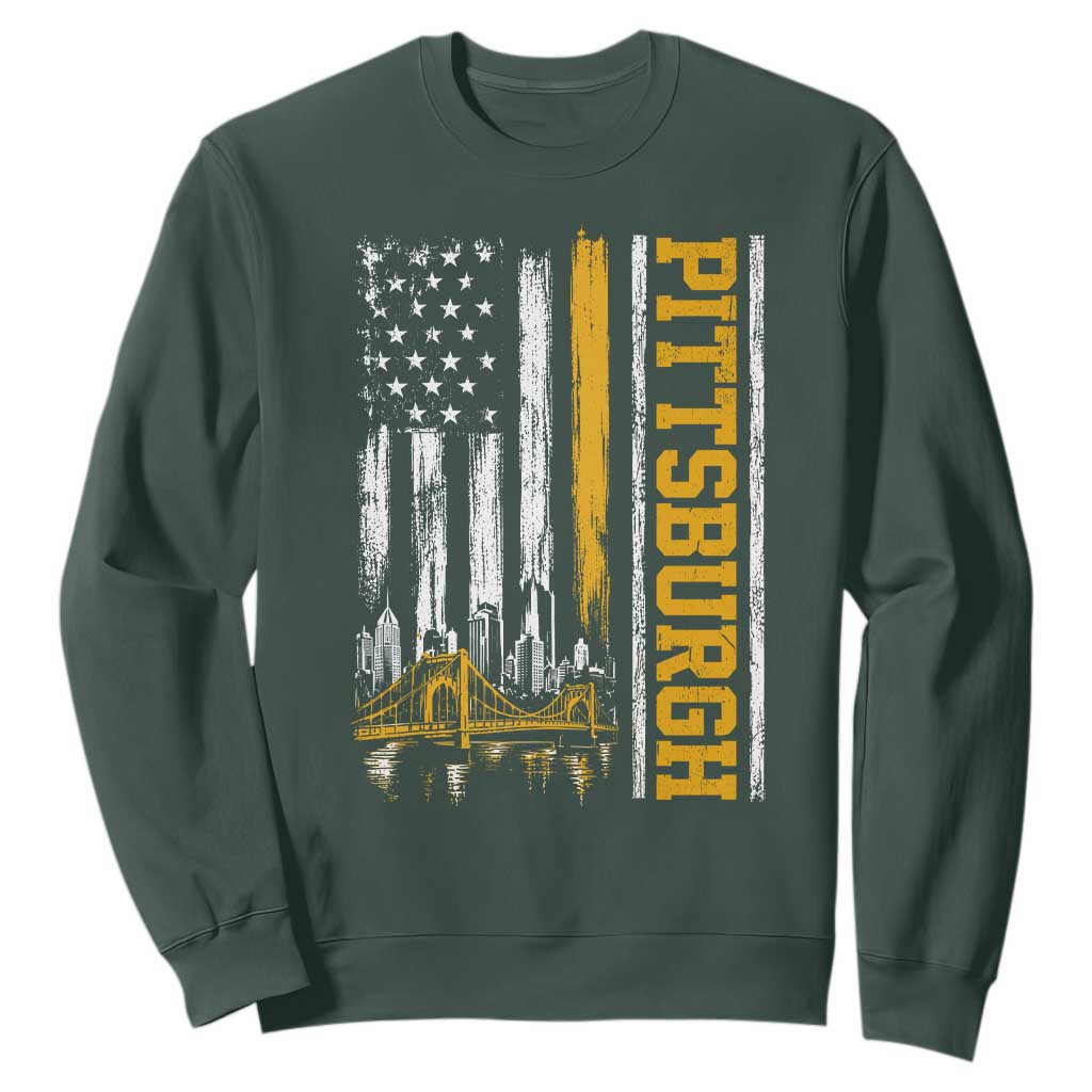 Pittsburgh City Skyline Roberto Clemente Bridge Graphic Sweatshirt American Flag Yellow Bridge City Hometown Pride