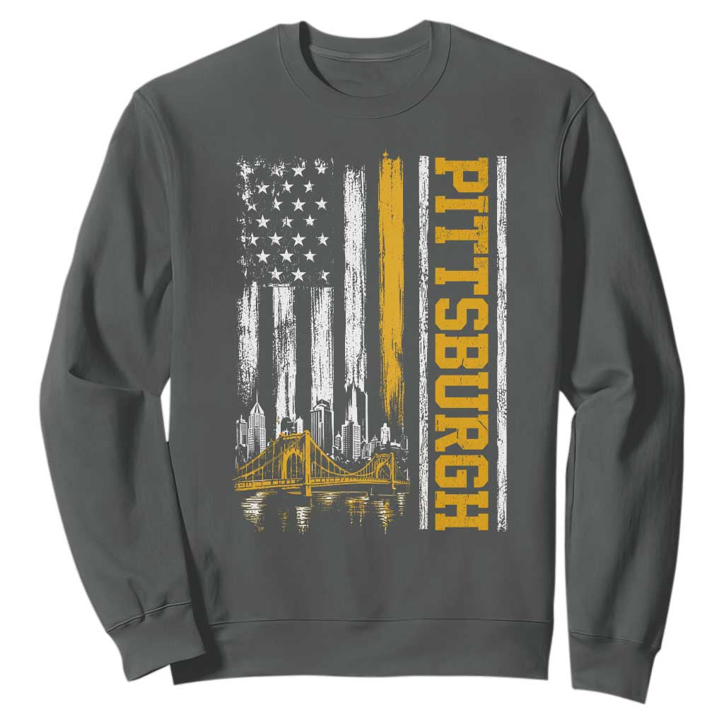 Pittsburgh City Skyline Roberto Clemente Bridge Graphic Sweatshirt American Flag Yellow Bridge City Hometown Pride
