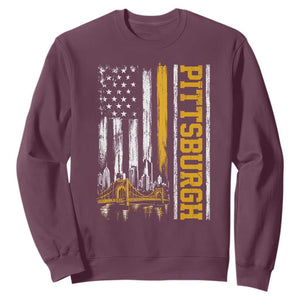 Pittsburgh City Skyline Roberto Clemente Bridge Graphic Sweatshirt American Flag Yellow Bridge City Hometown Pride