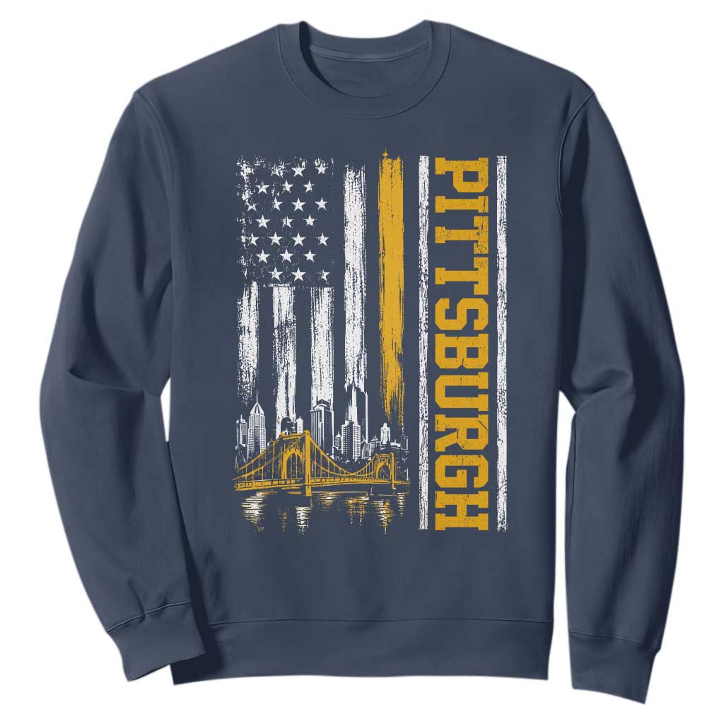 Pittsburgh City Skyline Roberto Clemente Bridge Graphic Sweatshirt American Flag Yellow Bridge City Hometown Pride