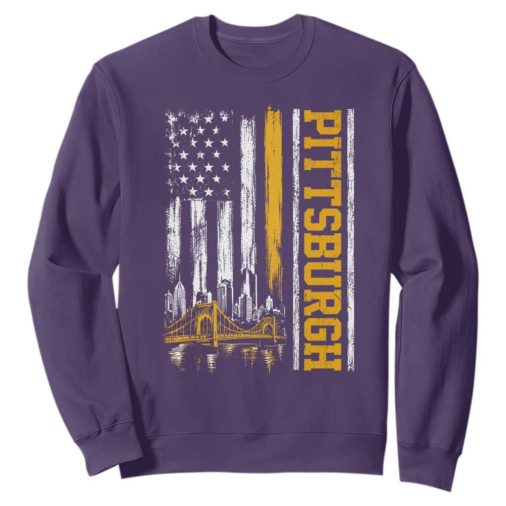 Pittsburgh City Skyline Roberto Clemente Bridge Graphic Sweatshirt American Flag Yellow Bridge City Hometown Pride
