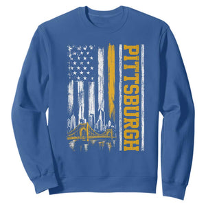 Pittsburgh City Skyline Roberto Clemente Bridge Graphic Sweatshirt American Flag Yellow Bridge City Hometown Pride