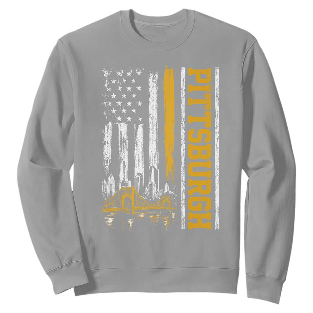 Pittsburgh City Skyline Roberto Clemente Bridge Graphic Sweatshirt American Flag Yellow Bridge City Hometown Pride