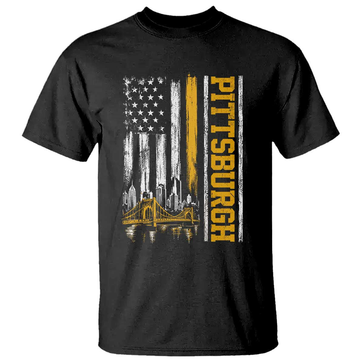 Pittsburgh City Skyline Roberto Clemente Bridge Graphic T Shirt American Flag Yellow Bridge City Hometown Pride