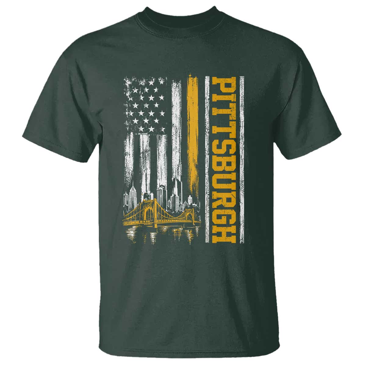 Pittsburgh City Skyline Roberto Clemente Bridge Graphic T Shirt American Flag Yellow Bridge City Hometown Pride