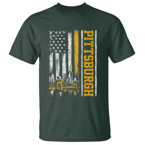 Pittsburgh City Skyline Roberto Clemente Bridge Graphic T Shirt American Flag Yellow Bridge City Hometown Pride
