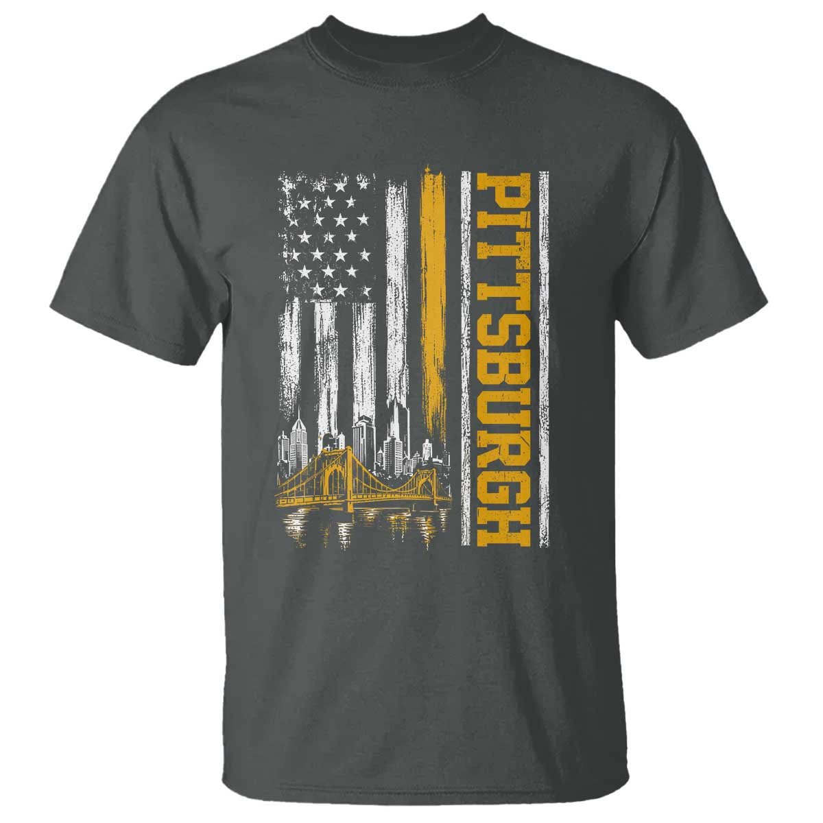 Pittsburgh City Skyline Roberto Clemente Bridge Graphic T Shirt American Flag Yellow Bridge City Hometown Pride