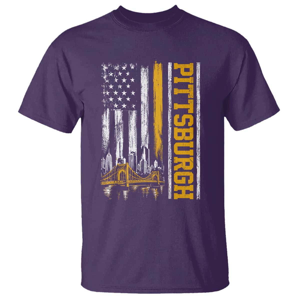 Pittsburgh City Skyline Roberto Clemente Bridge Graphic T Shirt American Flag Yellow Bridge City Hometown Pride