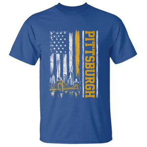 Pittsburgh City Skyline Roberto Clemente Bridge Graphic T Shirt American Flag Yellow Bridge City Hometown Pride