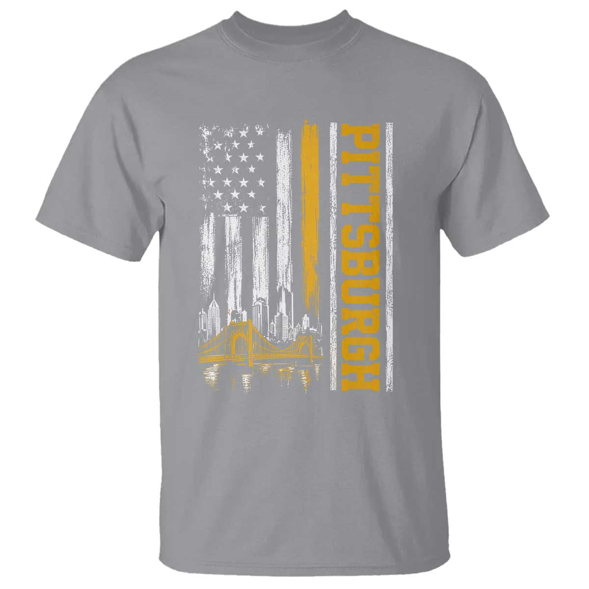 Pittsburgh City Skyline Roberto Clemente Bridge Graphic T Shirt American Flag Yellow Bridge City Hometown Pride