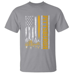 Pittsburgh City Skyline Roberto Clemente Bridge Graphic T Shirt American Flag Yellow Bridge City Hometown Pride