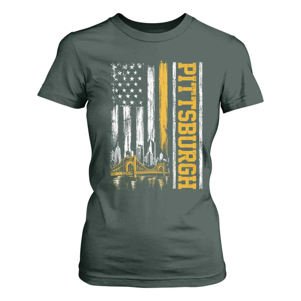 Pittsburgh City Skyline Roberto Clemente Bridge Graphic T Shirt For Women American Flag Yellow Bridge City Hometown Pride