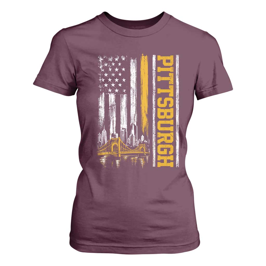 Pittsburgh City Skyline Roberto Clemente Bridge Graphic T Shirt For Women American Flag Yellow Bridge City Hometown Pride