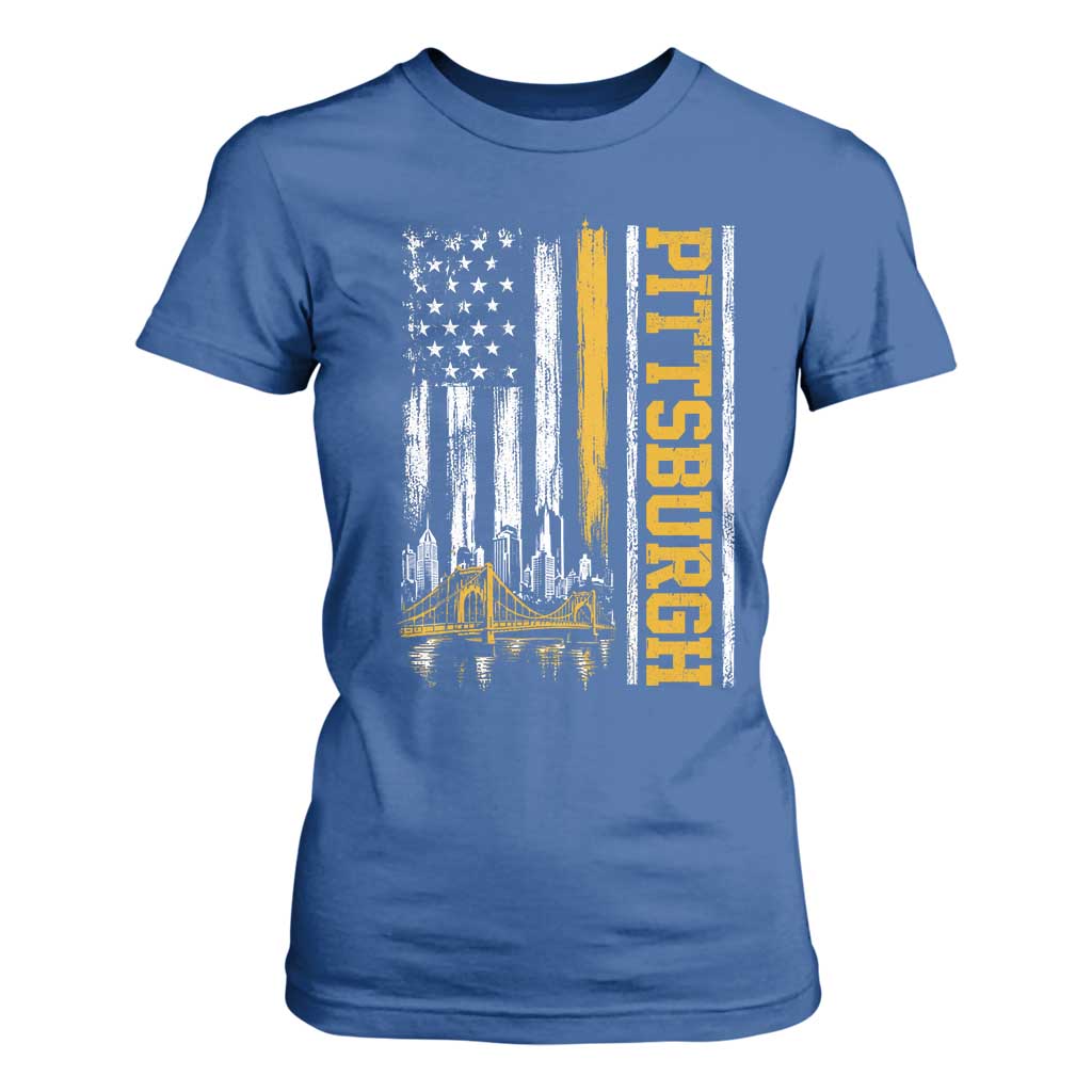 Pittsburgh City Skyline Roberto Clemente Bridge Graphic T Shirt For Women American Flag Yellow Bridge City Hometown Pride