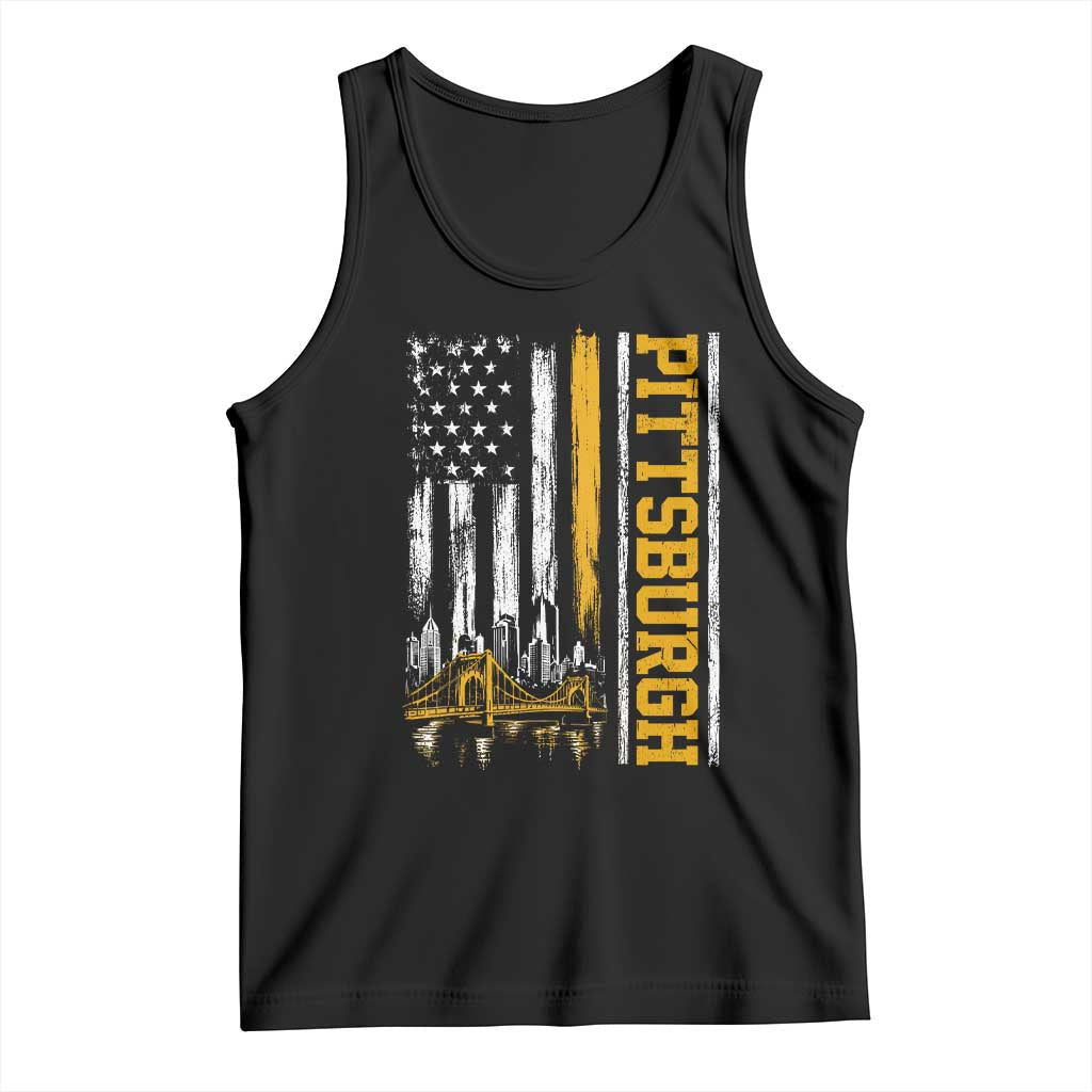 Pittsburgh City Skyline Roberto Clemente Bridge Graphic Tank Top American Flag Yellow Bridge City Hometown Pride TS02 Black Print Your Wear