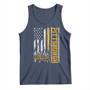 Pittsburgh City Skyline Roberto Clemente Bridge Graphic Tank Top American Flag Yellow Bridge City Hometown Pride